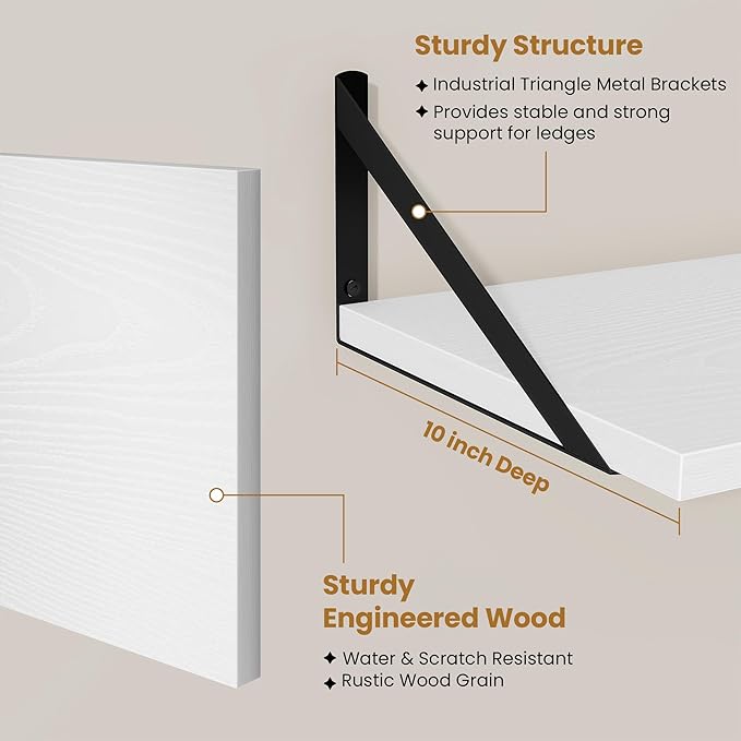 Deep Floating Shelves for Wall,36" Wx10 D Wood Wall Shelves with Metal Brackets,Hanging Storage Floating Shelf for Living Room,Bedroom,Bathroom,Office,Kitchen,White