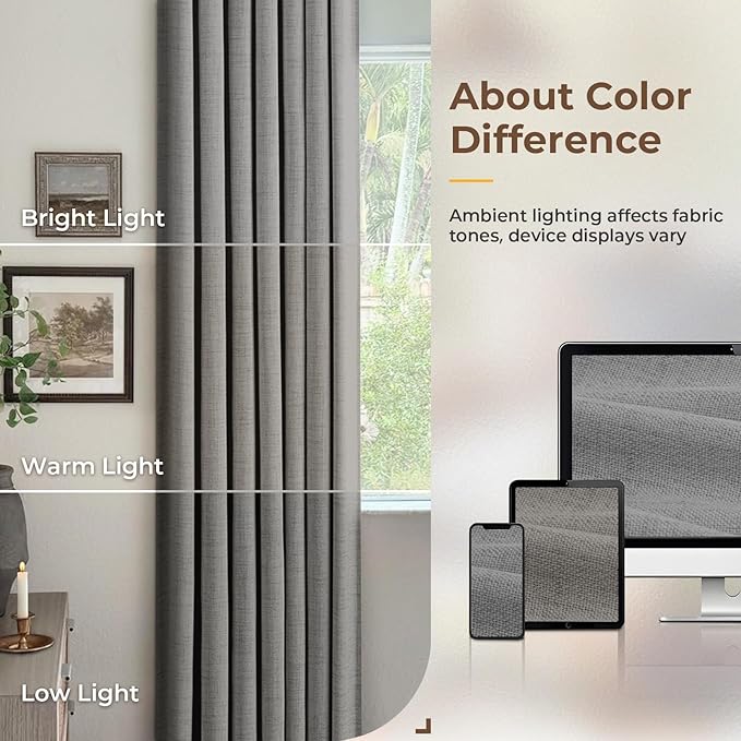 INOVADAY 100% Blackout Curtains for Bedroom, Black Out Curtains 108 Inch Long, Clip Rings Linen Blackout Drapes, Thermal Insulated Room Darkening for Living Room, 2 Panels - Drak Grey,W50xL108