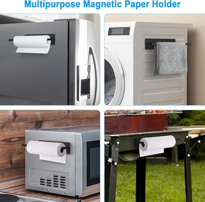 Paper Towel Holder Black, Magnetic Paper Towel Holder for Fridge, Toilet Paper Roll Holder Magnet Towel Rack Wall Mount Fridge Organizer for Paper Towels Rolls Bathroom Pantry RV Kitchen