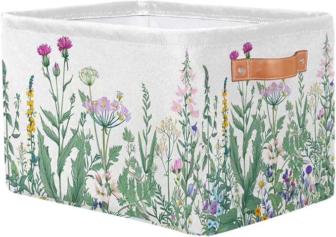Pardick 2Pack Herbs and Wild Flowers Large Collapsible Storage Bins,Colorful Floral Decorative Canvas Fabric Storage Boxes Organizer,Rectangular Shelves Baskets Box for Home Office Nursery Closet