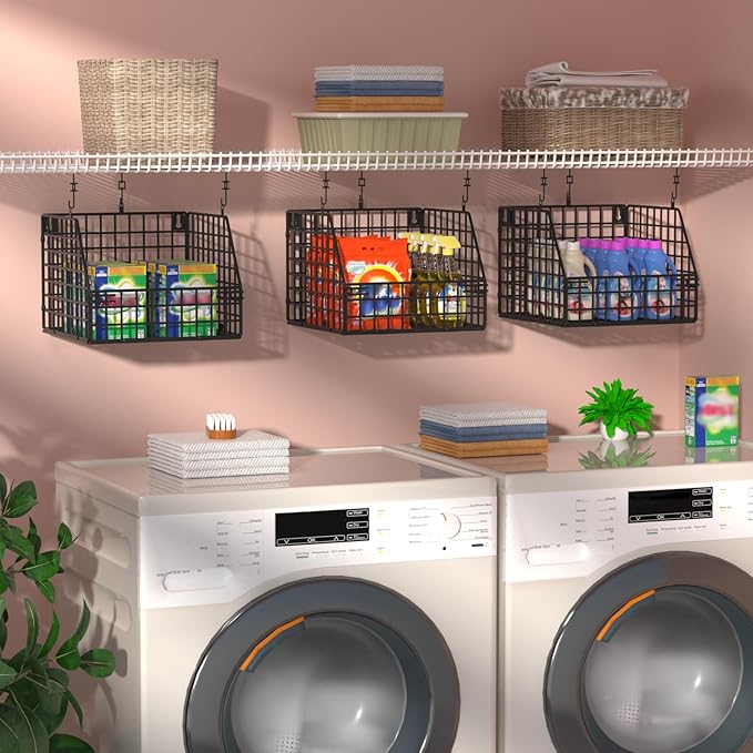 Larger & Deeper Hanging Storage Basket, Closet Organizers and Storage, Hanging Shelves Wire Baskets for Clothing Sweaters Purse Handbags Shoes Black 3 Tier