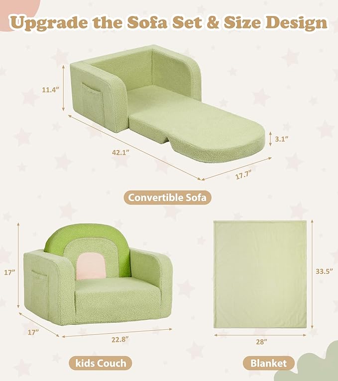 Kids Couch, 2-in-1 Soft Toddler Couch Fold Out with Blanket, Comfy Toddler Chair, Convertible Sofa, Gifts for Kids Girl Boys, Medium Green Rainbow