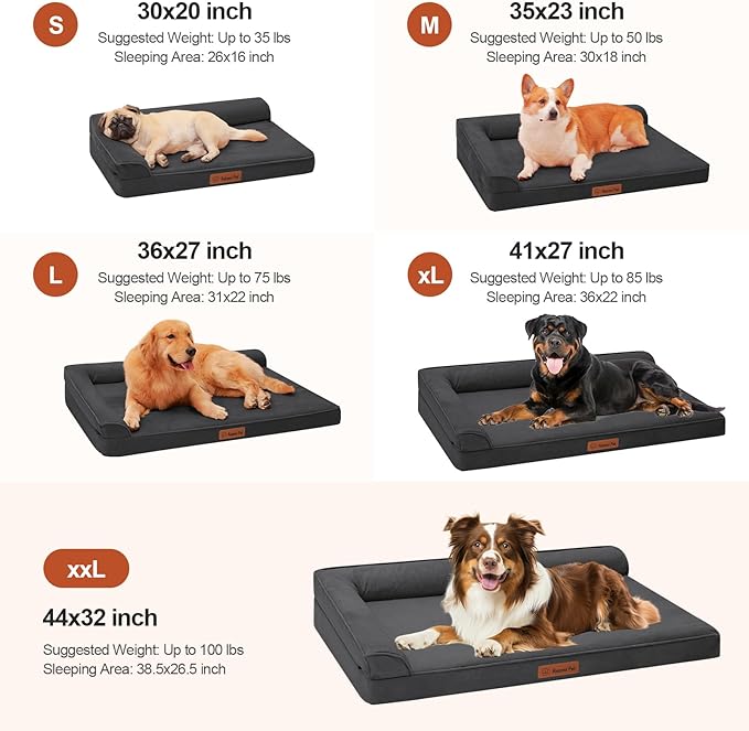 Orthopedic Memory Foam Dog Bed, Removable Washable Microsuede Cover, TPU Waterproof Liner, Nonskid Bottom, for Indoor, Outdoor, Crate ＆ Car Use, 30x20x6 Inches, Dark Grey