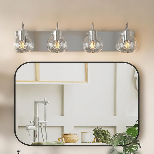 Brushed Nickel Bathroom Light Fixtures, 4-Light Modern Vanity Light Over Mirror, Wall Sconces with Frosted Glass Shades, E26 Socket (Bulbs Not Included)