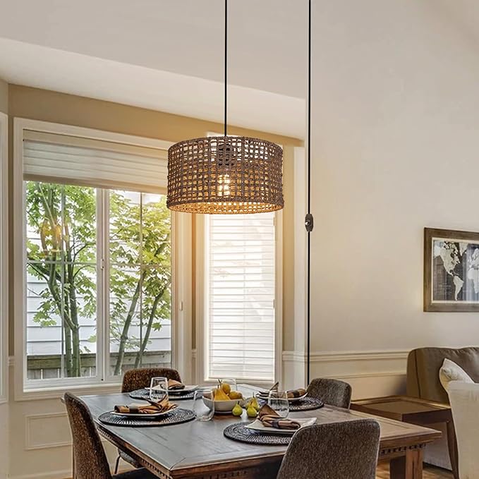 HuisMier Plug in Pendant Light with Hand Woven Rattan Lampshade, Dimmable Hanging Lamp with 15 FT Plug in Cord, Boho Pendant Light Fixture for Bedroom Kitchen Island Dinning Table