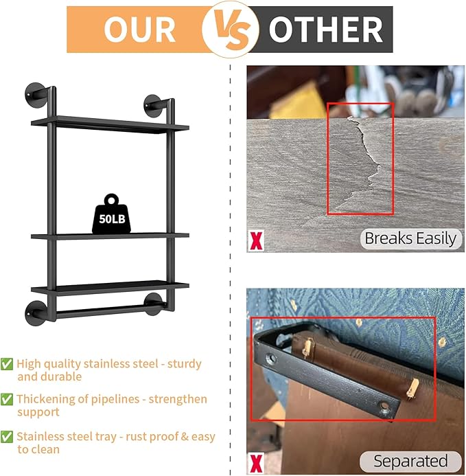 Bathroom Shelves Wall Mounted, 3 Tier Towel Racks with Towel Bar, 26in Stainless Steel Floating Pipe Shelves Over Toilet, Wall Shelves for Bathroom Laundry Room Kitchen Storage