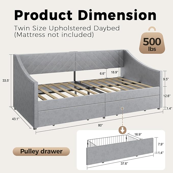 Twin Size Daybed with 2 Storage Drawers, Upholstered Daybed Frame with Charging Station, Heavy Duty Sofa Bed for Bedroom, Living Room, No Box Spring Needed,Easy Assembly