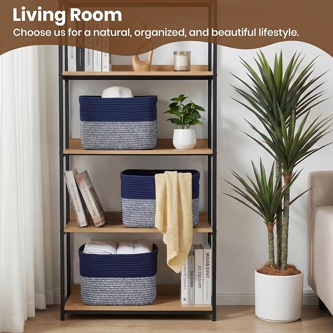 Storage Baskets for Organizing, 14 x 10 x 9” Closet Shelf Woven Baskets, Square Bins with Handles, Cotton Rope Basket for Toys, Clothes, Office, Room, Grey+Blue 3 Pack
