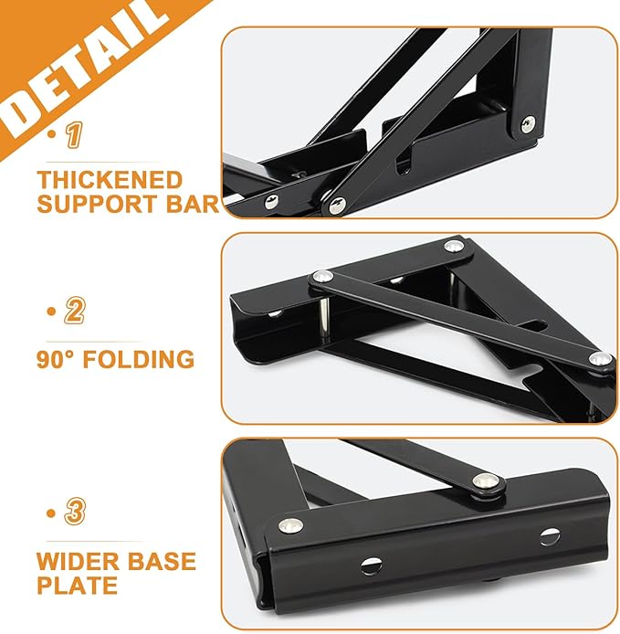 Storystore Folding Shelf Brackets - 10 Inch Heavy Duty Metal Collapsible Shelf Bracket for Bench Table, Shelf Hinge Wall Mounted Space Saving DIY Bracket, Max Load: 150 lb (4 PCS, Black)