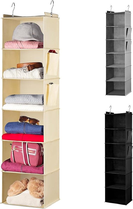 Handy Laundry Hanging Closet Organizer - 6 Shelf Storage for Clothes, Sweaters, Shoes & Accessories - Space-Saving Wardrobe Shelves with Hooks for Dorm, RV & Small Closet Organization (Beige)