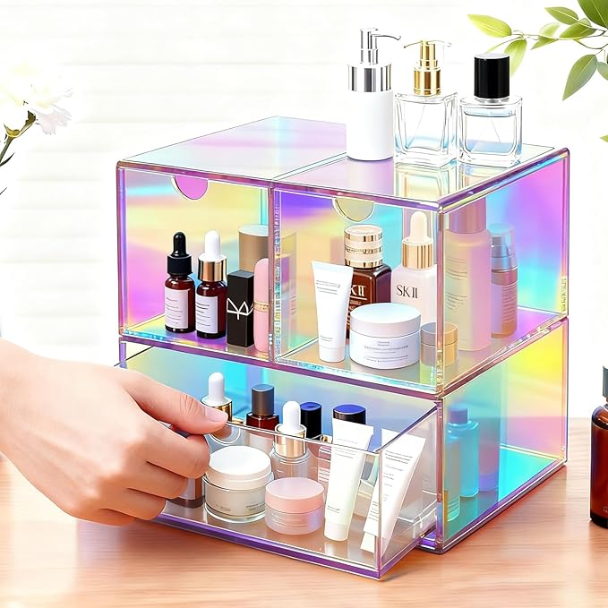Gelite Desk Organizer with 3 Storage Drawers for Makeup Office Acrylic Desktop Drawer Organizer for Vanity Office Organization and Storage Box, Iridescent