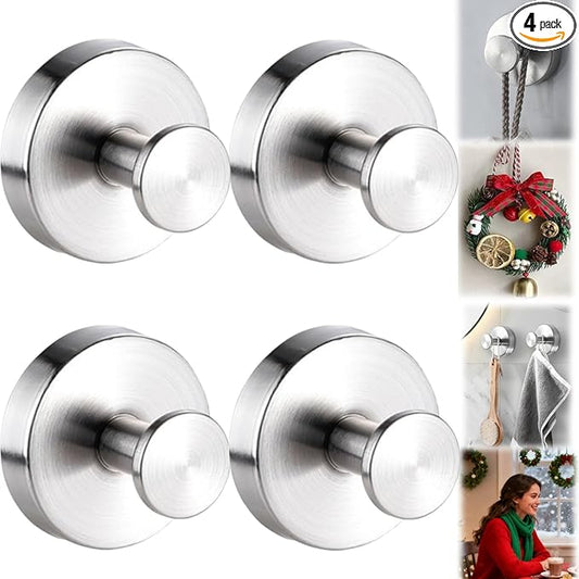Suction Cup Hooks Removable Shower Hooks, 4Pcs Metal Towel Hooks for Bathroom Window Glass Wall Door Can Hang Various Towels Bath Towels Keychains, Sliver Front Door Wreath Hanger, No-Drill Waterproof