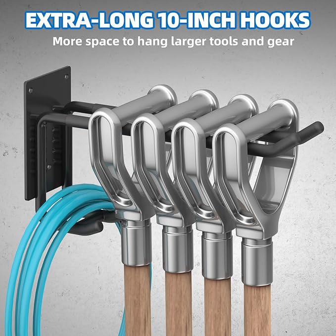 4 Pack Garage Hooks Heavy Duty 10 INCH Double-Layer Steel Shed Wall Mount Workshop Garage Storage Organizer Hooks for Hanging Garden Tool, Hose, Ladder, Chairs, Bikes with Anti-Slip Coating