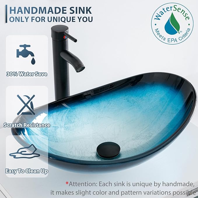eclife 36" Bathroom Vanity Sink Combo Modern Metal Stand Cabinet W/Bottom Shelf & Storage Side Cabinet Blue Boat Vessel Sink & Water Save Faucet & Pop Up Drain, Oak (A29BU)