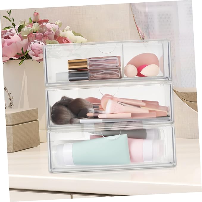 PRETYZOOM 3pcs Cosmetic Box Lid Makeup Organizer for Desk Section Storage for Brush Lipstick Nail Polish Skincare Small Sturdy Acrylic Modern Design