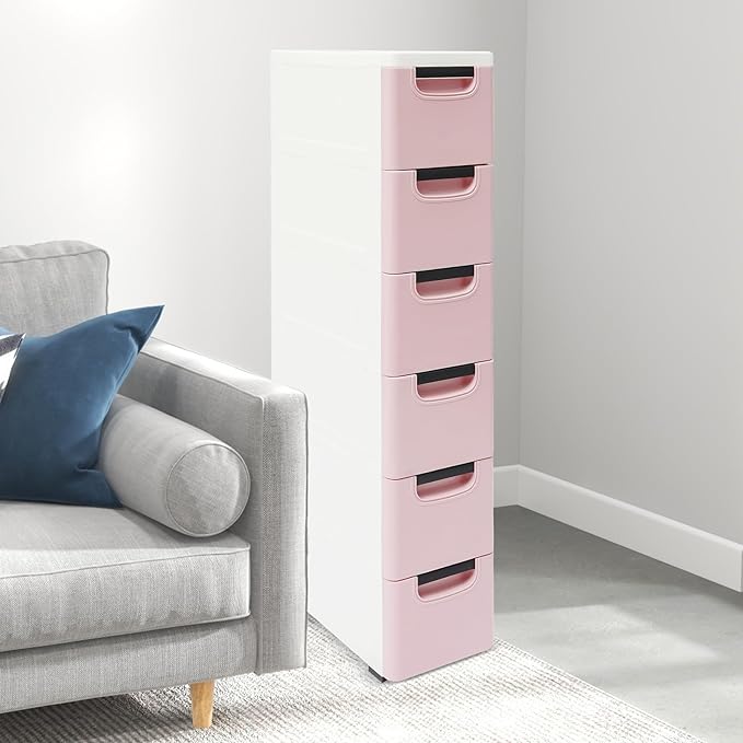 6 Drawers Storage Cart Rolling Storage Drawer Cart Narrow Plastic Dresser Rolling Organizer Cart Storage Unit on Wheels Bathroom Art Craft Supplies Mobile Slim Utility (Dark Pink)