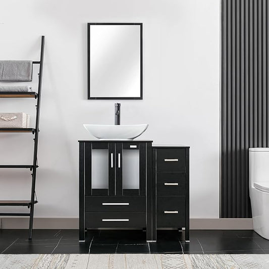 eclife 36" Modern Bathroom Vanity Sink Combo Freestanding Cabinet with Small Side Cabinet, White Curved Ceramic Vessel Sink, Water Save Faucet, Drain (Black+T32)