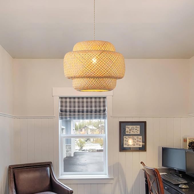 Bamboo Large Plug in Pendant Light with 14ft Handmade Woven Light Cord, Dimmable Switch, Boho Basket Handmade Woven Hanging Lamp for Kitchen Island Farmhouse Dining Room Living Room,16 inch Width
