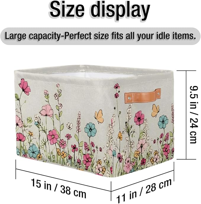 Rectangle Storage Baskets for Organizing - Foldable Storage Bin Cubes with Handles, Large Organizer Bins Boxes Toy Closet Shelf Nursery Laundry Basket, 1 Pcs(Wildflowers Floral)
