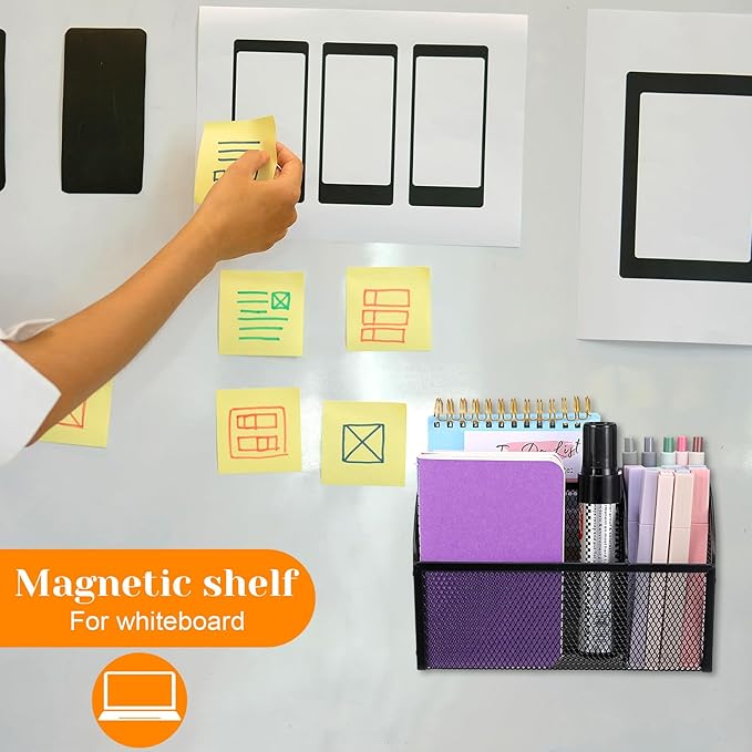 2 Pack Strong Magnetic Pen Holder, 3-Grid Mesh Organizer Basket For Whiteboard Refrigerator Locker, Space Saving Shelf For Office Home