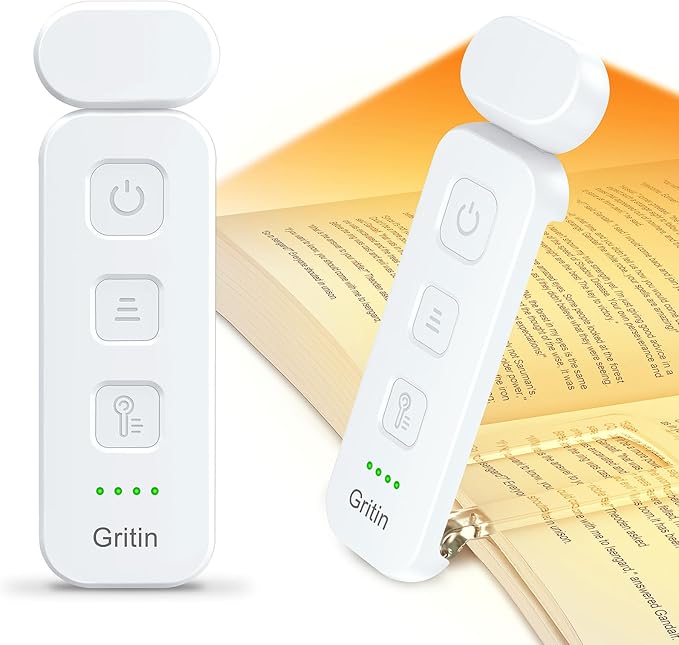 Gritin Reading Light, Rechargeable Book Light for Reading in Bed - Eye Caring 3 Color Temperatures, 5-Level Dimmable Brightness, Long Lasting, Compact Size Clip on Book Lamp for Bookworms-White