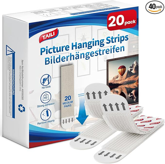 TAILI Picture Hanging Strips Heavy Duty, Medium 20 Pairs (40 Strips) Frame Hanger for Walls, Pictures Haing Kit Without Nail, Damage Free Adhesive Poster Decor, Art, Mirror