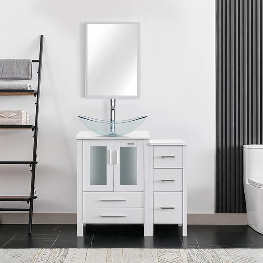 eclife 36" Modern Bathroom Vanity Sink Combo Freestanding Cabinet with Small Side Cabinet, Clear Boat Glass Vessel Sink, Water Save Faucet, Drain (White+A29TT)