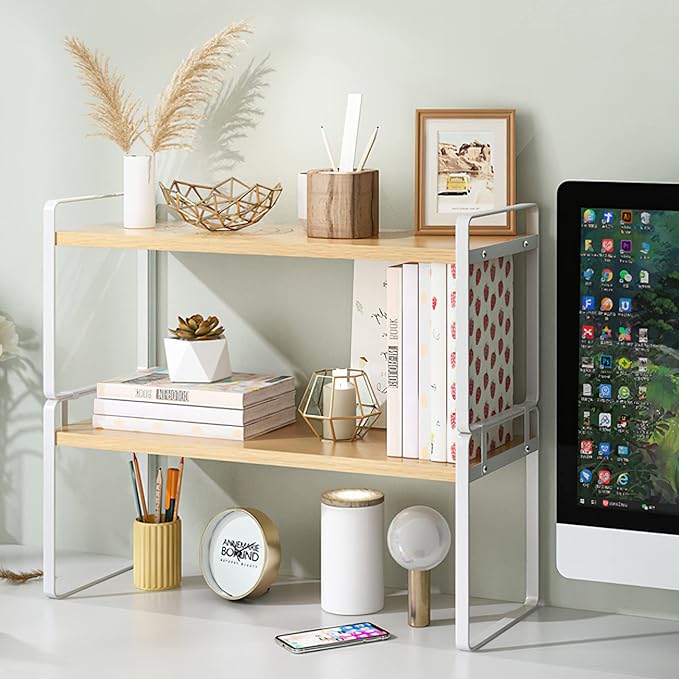 YGYQZ Desk Organizer Shelf，2 Tier Detachable Table Top Bookshelf, Freestanding Display Shelf for Office, Dormitory, Home,White+Wood
