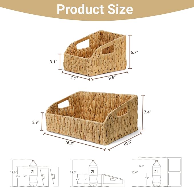 Pantry Organizers Labeled Storage Baskets for Organizing with Handles, Large Wicker Storage Baskets for Shelves,Kitchen, Water Hyacinth Storage Bins, Boho Decorative, 3Pack,Natural