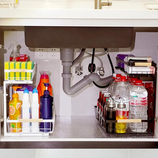 Under Sink Organizer 2 Pack, 2 Tier Pull Out Cabinet Organizers and Storage for Kitchen Bathroom Pantry Laundry, Adjustable Height, Slide Out Thickened Metal Storage Shelf (Black, 2 Pack)
