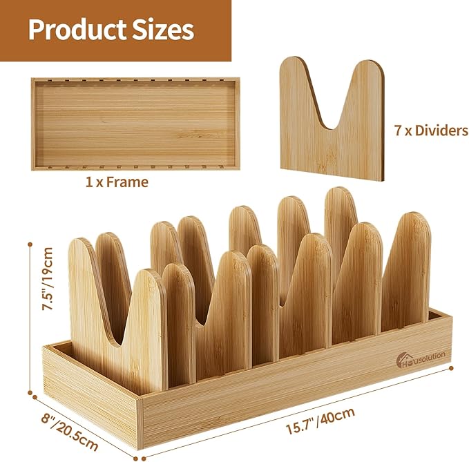 Housolution Bamboo Pot and Pan Organizer for Cabinet, Pot Lid Organizer with 7 Adjustable Dividers, Pan Holder Storage Rack for Cutting Board, Baking Tray and Cookie Sheet