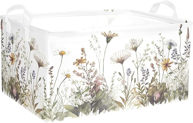 Wild Flowers Shelf Basket Floral Baby Shower Basket for Kids Girls Room Rectangle Clothes Toys Cube Storage Basket (Flowers)