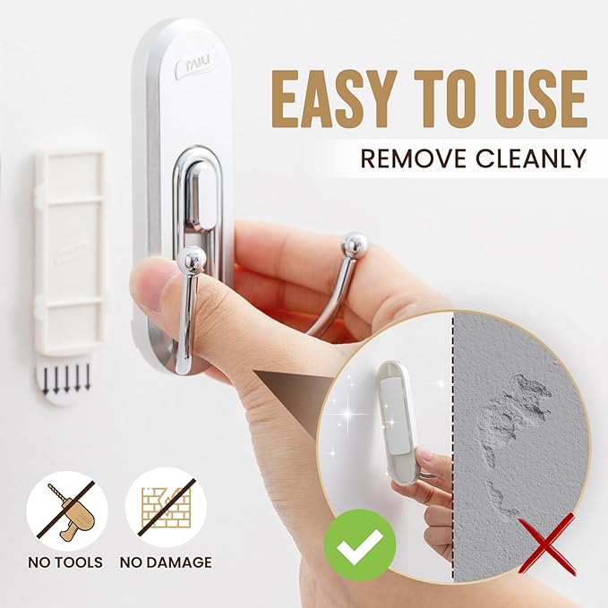 TAILI Adhesive Hooks for Hanging, 4 Coat Hooks & 6 Strips, Heavy Duty No-Drill Removable Large Wall Hanger for Towel, Backpack, Hat, Door,Kitchen Home Decor, Decorative Key Holder - Silver