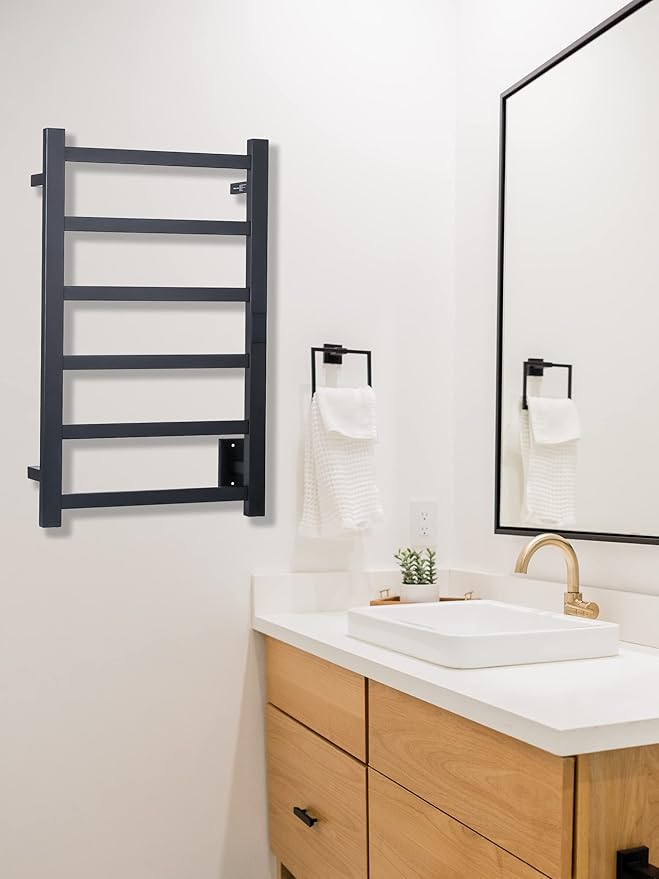 Electric Towel Warmer | Super Thin | with Timer & Temperature Multi-Level Adjustments | Hardwired & Plug-in | 6 Bar | Matte Black Finish
