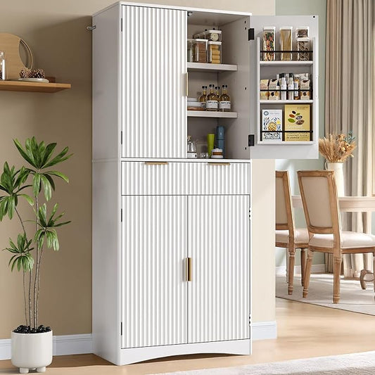 Marsail 72" Tall Kitchen Pantry Cabinet, Spacious Storage Cabinet with a Drawer, 4 Adjustable Shelves, 6 Door Shelves, Anti-Tip Safety, Fluted Cabinet for Kitchen, Dining, and Living Room, Light White