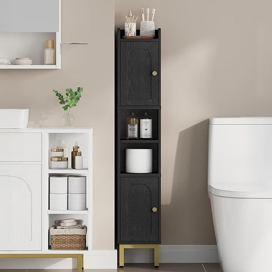 Slim Bathroom Storage Cabinet, Narrow Bathroom Organizers and Storage with 4 Adjustable Feet, Laundry Room Organization for Small Space, Kitchen, Living Room, 2 Doors Black BC22404G