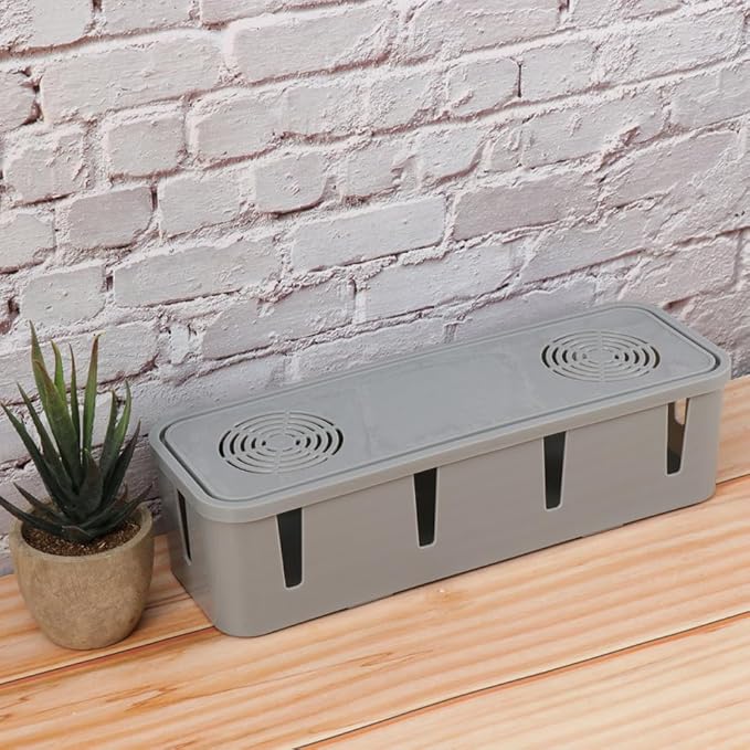 Cabilock Power Cord Storage Box Small Gray Cable Organizer Box with Cover for Desk and Home Electronics Cord Management