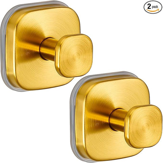 Suction Cup Hooks for Shower - Resuable Bathroom Hooks for Towels, Robes & Loofah - No-Drill Mounting on Kitchen,Walls,Metal,Glass,Mirrors,Tile & Smooth Non-Porous Surfaces (2, Brushed Gold)