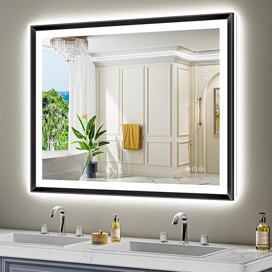 48x36 Black Framed LED Bathroom Mirror with Lights, Backlit and Front Light, Lighted Bathroom Vanity Mirror for Wall Dimmable Anti-Fog Memory Tempered Glass Horizontal/Vertical
