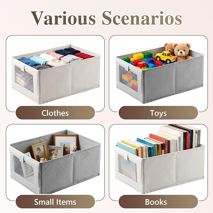 Linen Closet Organizers and Storage, 2 Pack Storage Bins Linen Clothing Organizer Baskets with Mesh Window, Foldable Closet Organizer for Clothing, Towels, Toys, Nursery, Books, Shelves (Grey)