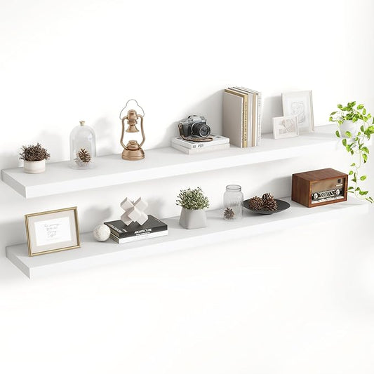 55 Inch Floating Shelves, 8 Inch Deep Floating Shelves for Wall, Hanging Shelf with Invisible Brackets, Deep Shelves for Bathroom, Bedroom, Living Room, White, Set of 2
