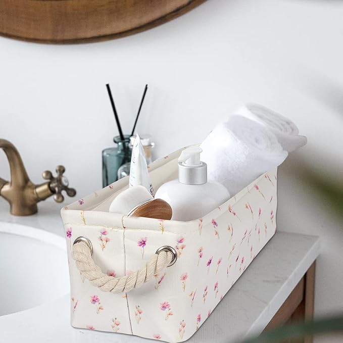3PC Floral Narrow Storage Bins 15x6x5 inch Pink Flower Small Basket for Closet,Cabinet,Countertop Organizing Small Items Fabric Organizer with Handles, Toilet Paper Storage (Pink flower)