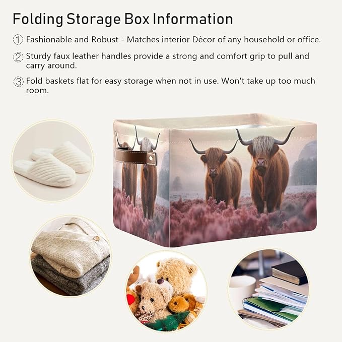 Storage Basket Two Highland Cows Storage Bin Cube with Handles Foldable Storage Baskets for Shelves Living Room Home Decor 1PC