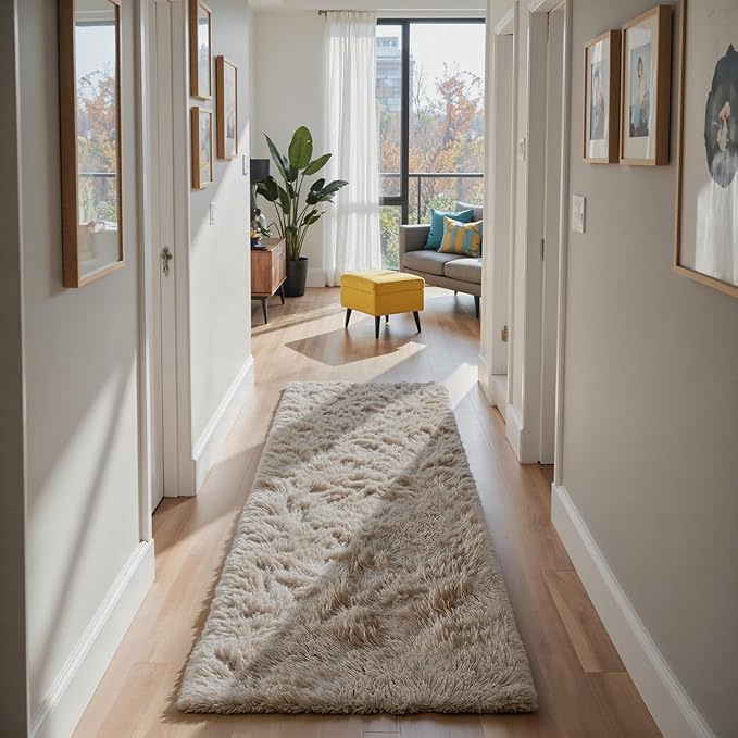 Soft Runner Rugs for Bedroom, Beige 3x7 Area Rugs Fluffy Rug Shaggy Area Rug Carpet, Bedside Rug for Living Room Bedroom Kids Room Home Decor