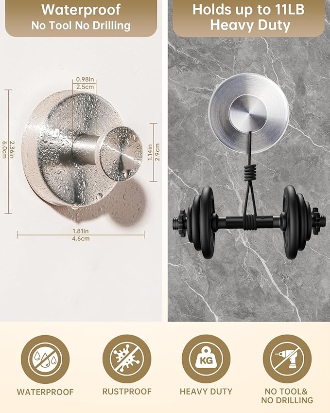 Suction Cup Hooks for Shower, Suction Cup Hooks for Door Wreaths, Robe Towel Hooks Heavy Duty for Bathroom Hanging, Windows, Kitchen, Glass, Mirror, No Drilling, 6 Pack (Silver)