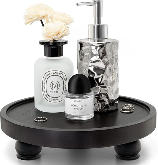 EOSAHR Modern Wood Riser for Display : Farmhouse Pedestal Stand for Kitchen Counter and Home Decor, Round Waterproof Display Tray for Soap on Sink (Black)
