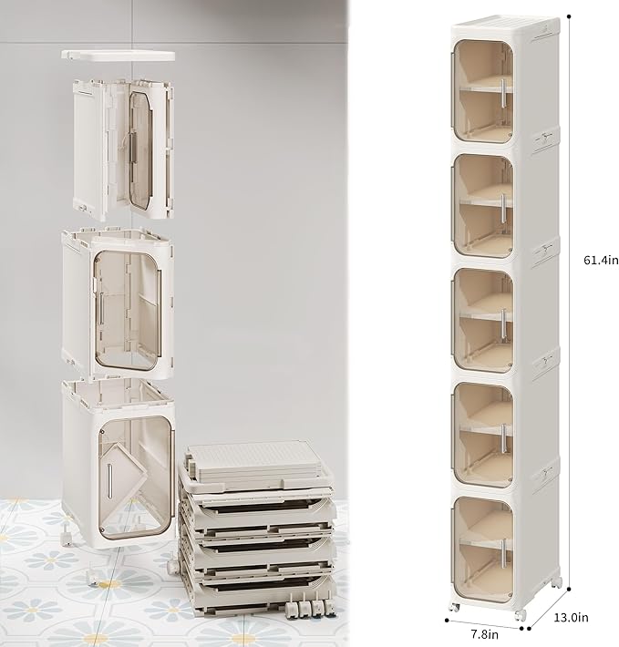 5-Tier Narrow Storage Cabinet Slim Bathroom Storage Cabinet with Movable Wheels Tall Bathroom Organizer Skinny Cabinet for Small Spaces，Beige