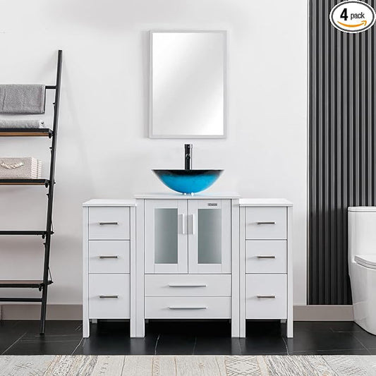 eclife 48" Modern Bathroom Vanity Sink Combo Freestanding Cabinet with Small Side Cabinet, Turquoise Square Glass Vessel Sink, Water Save Faucet, Drain (White+A10)