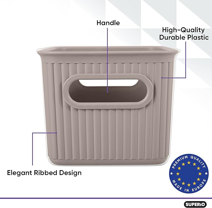 Decorative Plastic Basket Open Home Storage Bins Organizer Baskets, Small Taupe (2 Pack) Container Boxes for Organizing Closet Storage Bins for Shelves Drawer Shelf - Ribbed Collection 1.5 Liter
