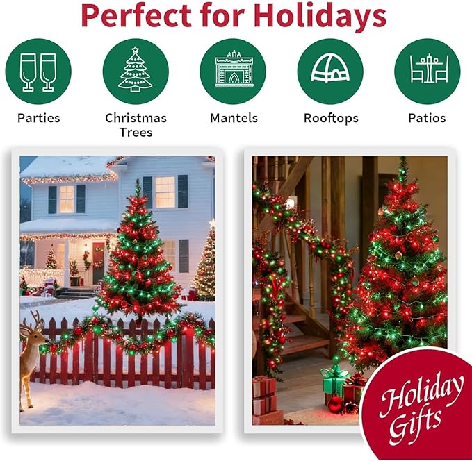 LAMPHOME Red Green Christmas Lights, Christmas Decorative Mini Lights,100LED 21.6FT Indoor Christmas Tree Lights, Outdoor Fairy Starry String Lights Plug in for Tree House Yard Outside Xmas Decor